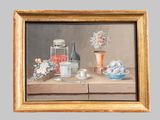 a painting of a still life with a vase and other items