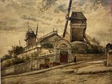 a painting of a windmill on the side of the road
