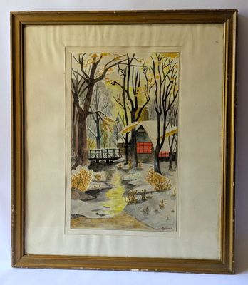 framed watercolor painting of a winter scene with a house and trees