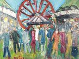 une peinture à l'huile représentant des personnes à une fête foraine, avec une grande roue en arrière-plan