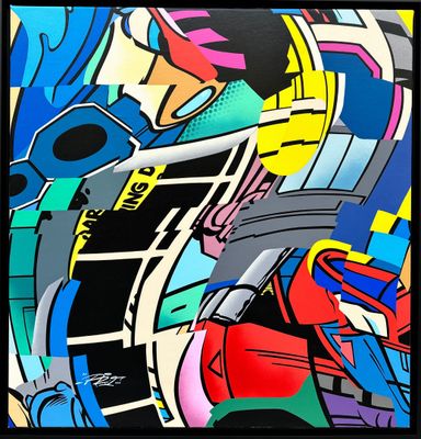 painting of a man riding a motorcycle in front of a colorful wall