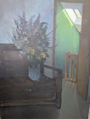 un tableau représentant un vase de fleurs posé sur un banc