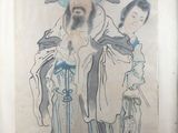 une ancienne peinture chinoise représentant un homme et une femme tenant un enfant dans leurs bras