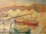 a painting of boats in a harbor with a mountain in the background