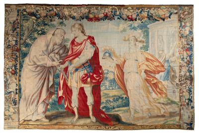 an image of a tapestry with a painting of a man and a woman