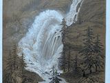 dessin représentant une cascade dans les montagnes, avec des pins au premier plan