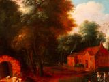 a painting of a group of people standing outside of a house