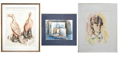 three framed pictures of a woman and a bird on a white background