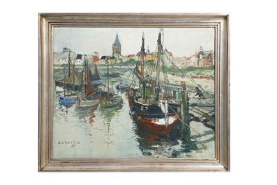 un tableau représentant des bateaux dans un port, avec une église en arrière-plan