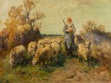 tableau représentant un homme avec un troupeau de moutons dans un champ