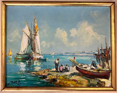 a painting of boats on the water with people on the shore