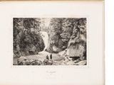 une vieille photo en noir et blanc d'un homme debout devant une cascade