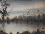 a painting of a river with a house in the background