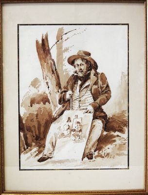 painting of a man sitting on a rock holding a stick