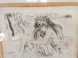 un dessin représentant une femme assise sur la plage