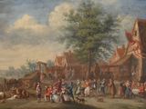 painting of a village scene with a crowd of people and a horse drawn carriage