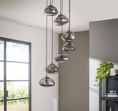 Suspension 7 lampes en cascade en verre et métal gris -40x40…