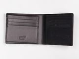 the black leather wallet is open on a white surface