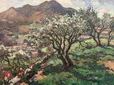 une peinture à l'huile représentant un paysage avec des arbres et des montagnes en arrière-plan