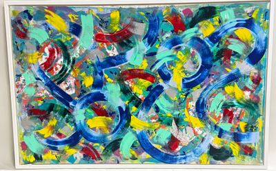abstract painting of blue, green, yellow, red, and white swirls