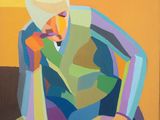 tableau représentant une femme assise sur une chaise dans une pièce aux couleurs vives