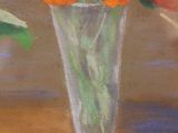 a painting of flowers in a glass vase on a table
