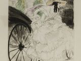 une image représentant le dessin d'une femme en robe blanche assise dans une calèche