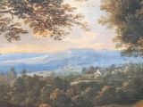 a painting of a landscape with cows grazing in the field