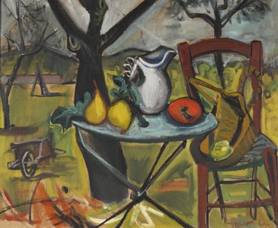 un tableau représentant une table sur laquelle sont posés des fruits et un pichet