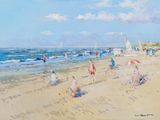 une peinture représentant une scène de plage avec des gens sur le sable