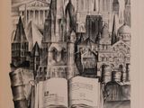 drawing of an open book on a table with a castle in the background