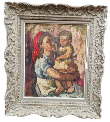 une peinture à l'huile représentant une femme tenant un enfant dans ses bras