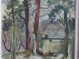 an oil painting of a forest scene with a bench and trees
