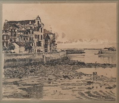 drawing of a view of a beach with a building in the background