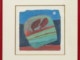 painting of two birds sitting on a piece of cake in a red frame