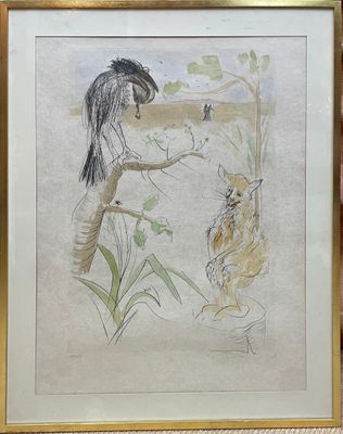 dessin encadré représentant une femme donnant à manger à un chat dans un jardin