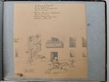an old book with a drawing of a man and a dog in front of a building