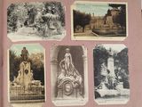 many old photographs of a building and a fountain