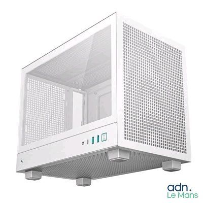 the front of a white computer case with a window on a white background