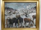 une peinture représentant un groupe de chevaux debout dans la neige