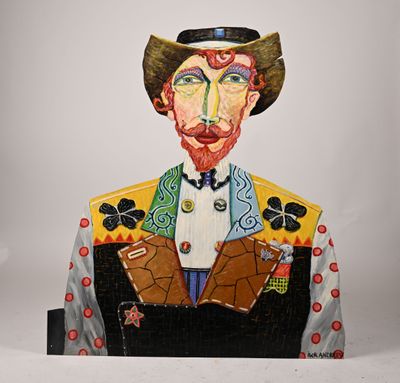 painting of a man in a cowboy hat with a cigar in his hand