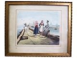 framed watercolor painting of people on a pier by the water