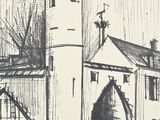 drawing of a church with a steeple and a clock tower