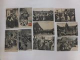 several old black and white photographs of people and animals on a wall