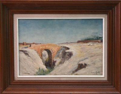 painting of a bridge over a river in a desert landscape