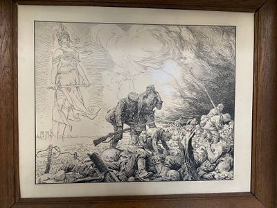 dessin représentant un homme armé debout devant un groupe de soldats