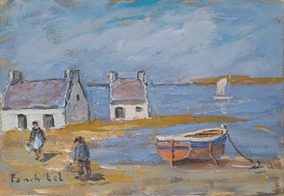un tableau représentant un bateau sur la plage, à côté d'une maison
