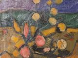 une peinture à l'huile représentant un vase de fleurs sur une table
