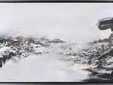 abstract painting of a mountain landscape in black and white, framed in a black frame