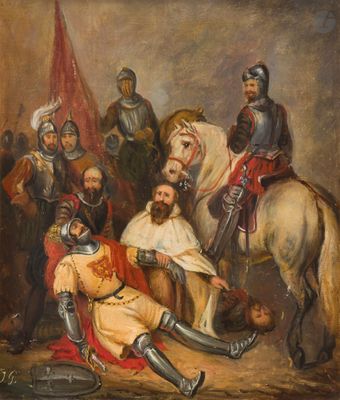 tableau représentant un homme allongé par terre à côté d'un cheval